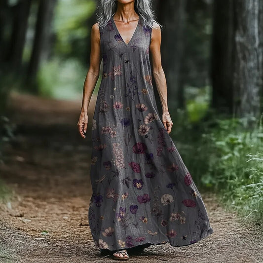 Women's Art Floral Vintage Print V Neck Tank Dress artswardrobe