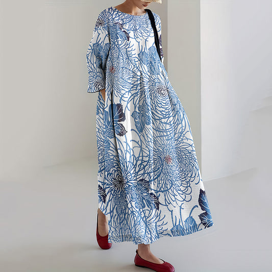 Comstylish Japanese Art Chrysanthemum Print Loose Midi Dress