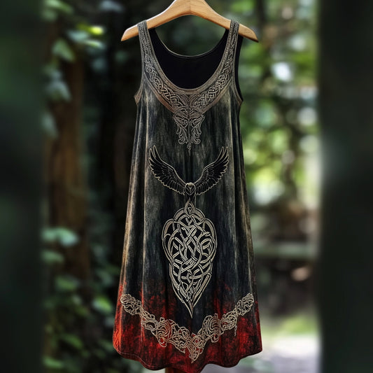 Vintage Mystical Viking Raven Embroidered Linen Tank Dress artswardrobe
