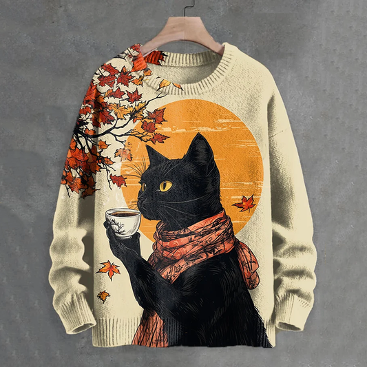 Men's Scarf Black Cat Drinking Coffee Maple Leaf Art Print Knit Crew Neck Sweater elevenforest