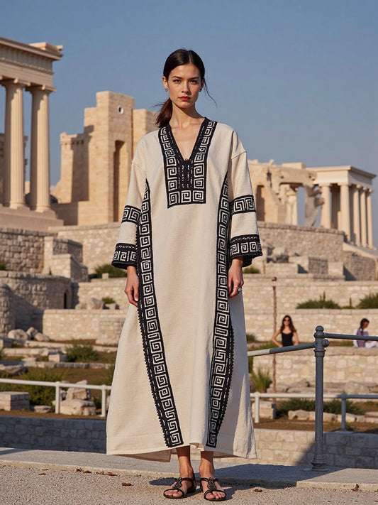 Lace Greek Key V Neck Linen Blend Midi Dress artswardrobe