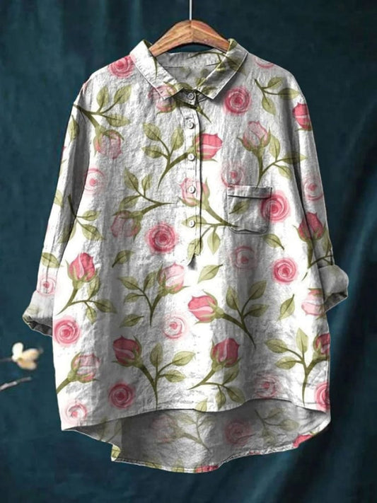 Pink Rose Print Elegant Cotton And Linen Shirt