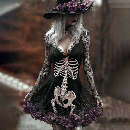Comstylish Women Halloween Human Anatomy Flower Splicing Lace Ancient Short Skirt