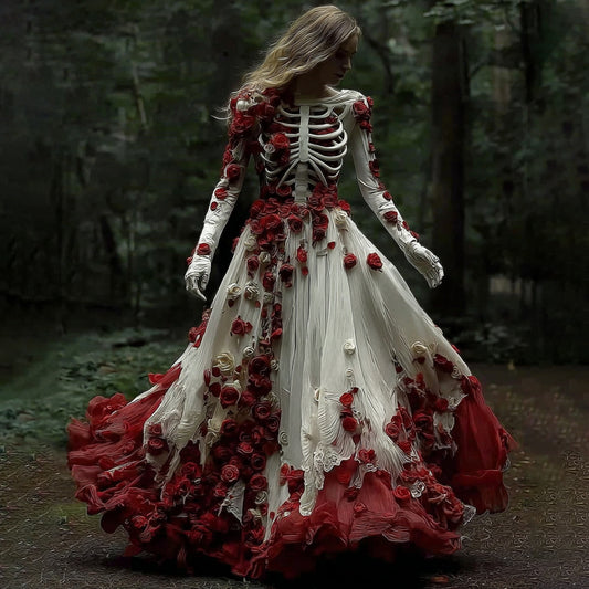 Comstylish Halloween Vintage Skeleton And Rose Art Maxi Dress
