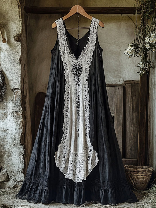 Viking Vegvisir Embroidered Lace Contrast Linen Tank Dress artswardrobe