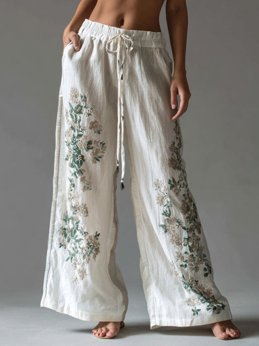 Women's Vintage Embroidery Art Comfy Linen Pants artswardrobe