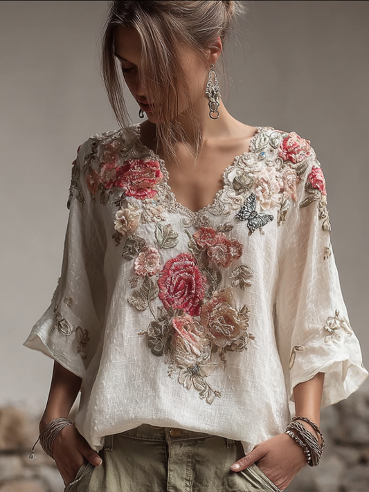 Comstylish Bohemian Style V-neck Butterfly And Flower Embroidery Cotton And Linen Top