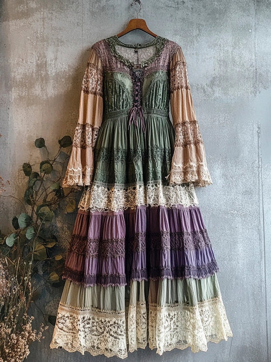 Vintage Lace Patchwork Clashing Color Women's Linen Long Dress artswardrobe