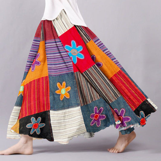 Vintage Bohemian Floral Geometric Patchwork Linen Skirt artswardrobe