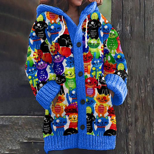 Women's Lucky Cat Print Cardigan Sweater elevenforest