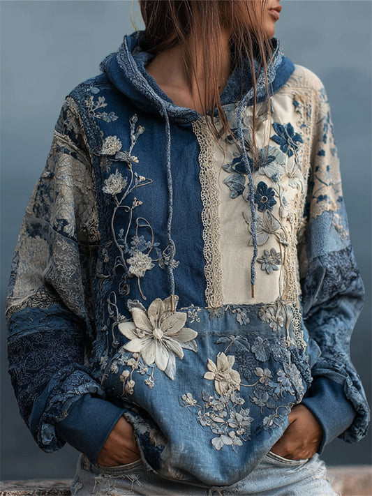 Comstylish Vintage Flowers Lace Fiber Art Patchwork Hoodie