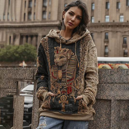 Women's Vintage Ancient Egyptian Ankh Cat Pattern Casual Hoodie elevenforest