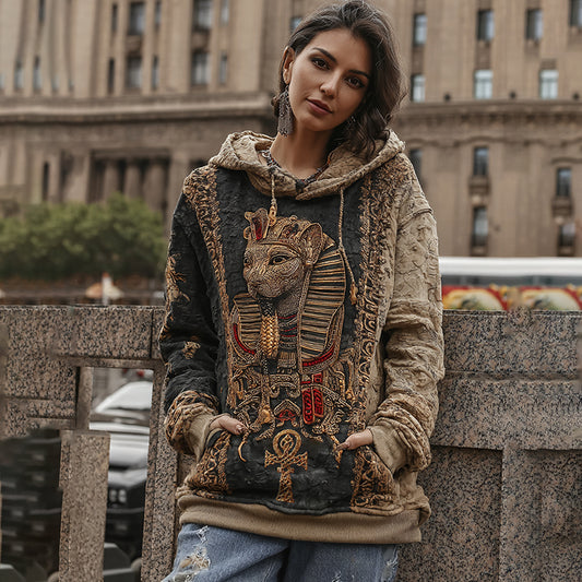 Comstylish Women's Vintage Ancient Egyptian Ankh Cat Pattern Casual Hoodie