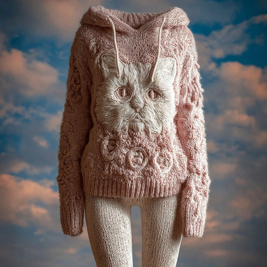 Comstylish Cute Cat Face Embroidered Cozy Hooded Sweater