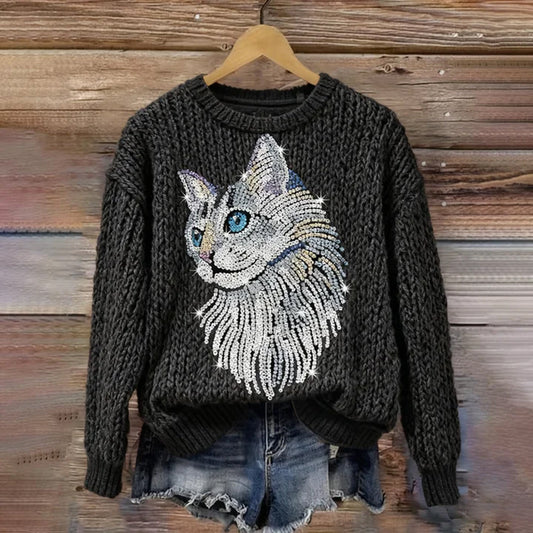 Cute Blue Eyed Cat Rhinestone Sweater elevenforest