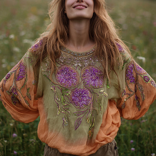 Comstylish Ladies' Mandala Flower Embroidery And Tie-dye Vintage Round-neck Long-sleeve Shirt