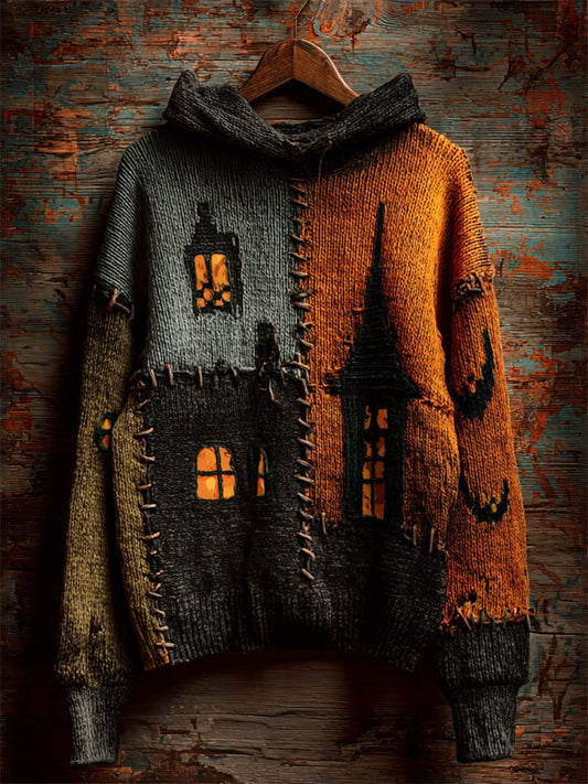 Halloween Spooky Castle Colorblock Stitched Cozy Knit Hooded Sweater elevenforest