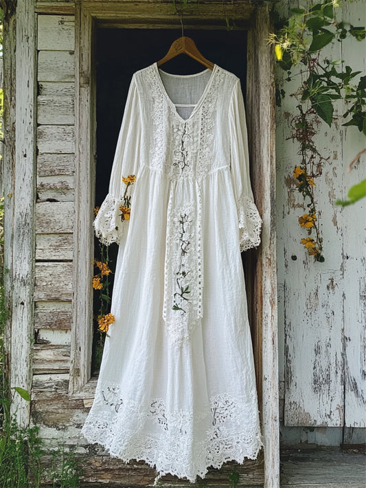 Vintage Floral Embroidered Lace Hem Linen Maxi Dress artswardrobe