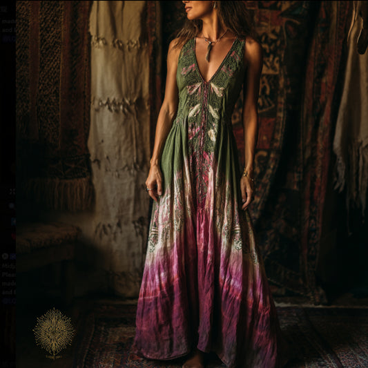 Bohemian Style Plant-dyed Knitted Flower-hollowed Sleeveless V-neck Long Dress artswardrobe