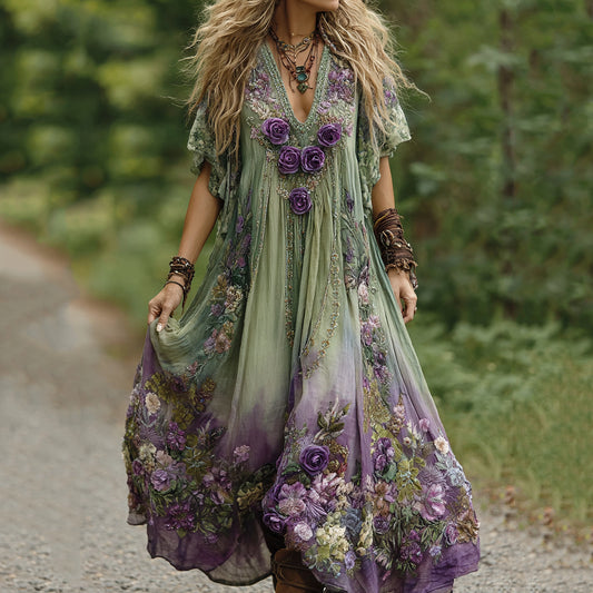 Vintage Green And Purple  Lavender Patchwork And Floral Embroidered Art Linen Maxi Dress artswardrobe