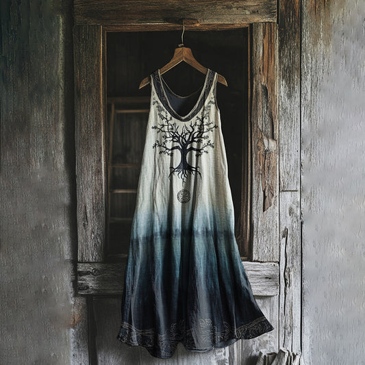 Women's Vintage Viking Tie-dye Print Cotton And Linen Dress artswardrobe
