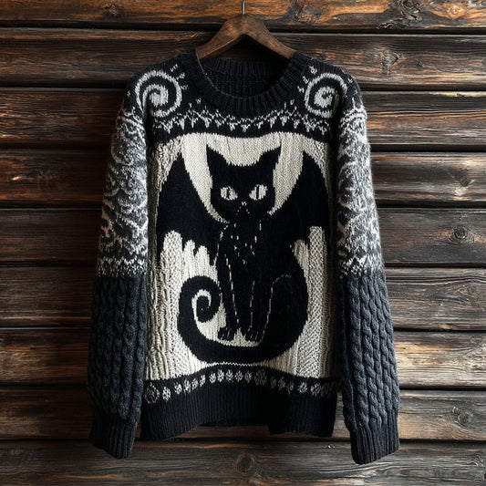 Halloween Black Cat With Bat Wings Women's Crew Neck Knit Sweater elevenforest