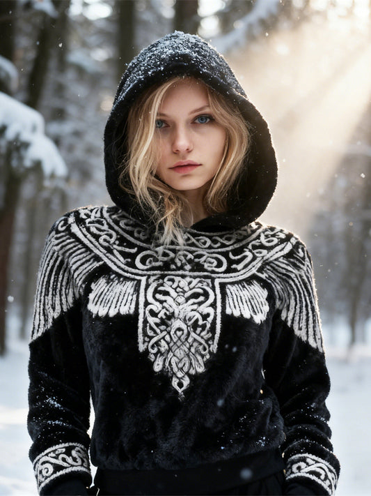 Comstylish Viking Wings Design Women's Flannel Hooded Sweatshirt