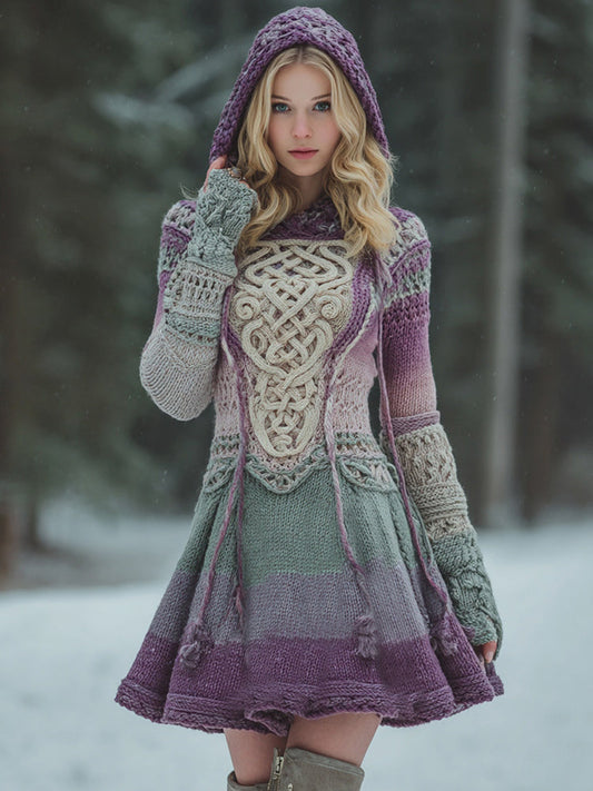 Women's Vintage Celtic Knot Ombre Hooded Sweater Dress elevenforest