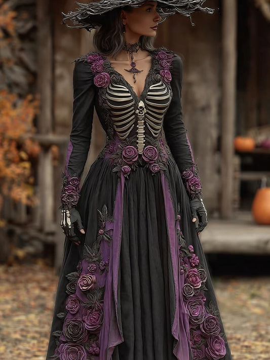 Comstylish Vintage Skeleton & Roses Embroidered V Neck Maxi Linen Dress