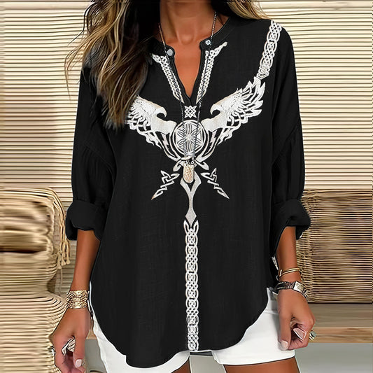 Comstylish Women's Viking Art Linen Print Casual Shirt