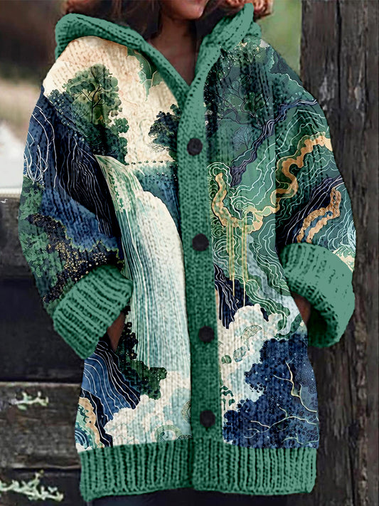 Comstylish Japanese Waterfall Landscape Art Cozy Hooded Cardigan