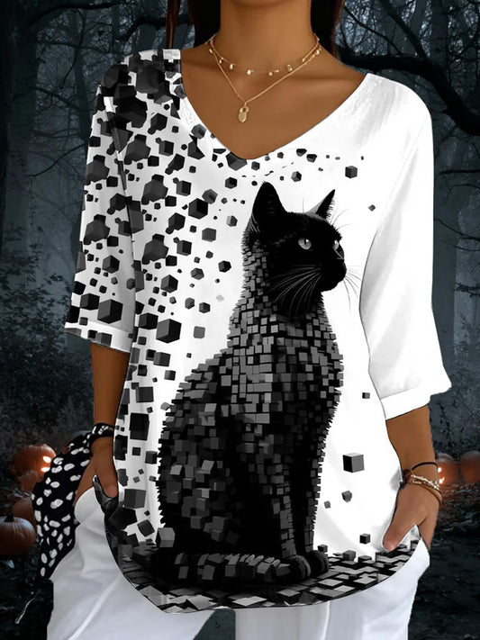 Comstylish Women's Cat Print Casual Half Sleeve Top