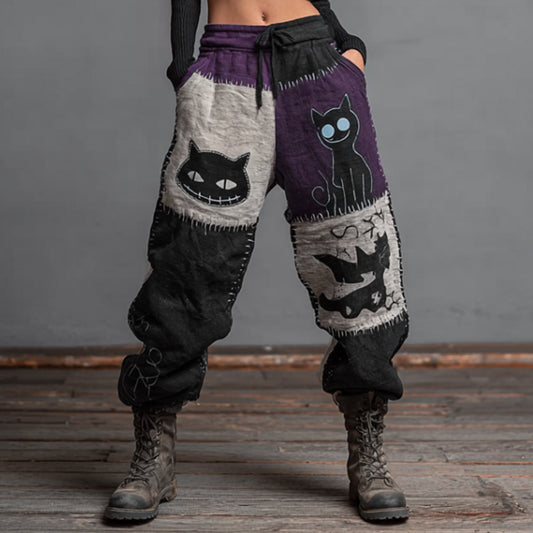 Comstylish Halloween Patchwork Funny Cat Vintage Sports Pants