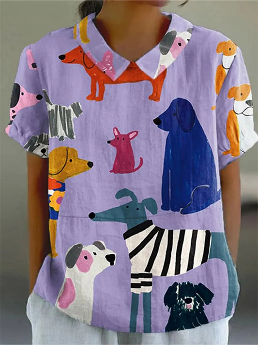 Comstylish Women's Dog Graffiti Art Print Linen Casual Shirt