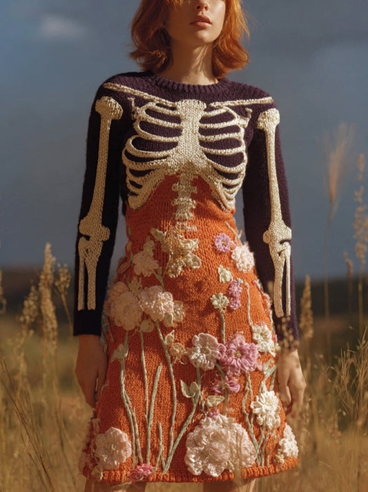 Women's Halloween Warm Tone Skull Rose Embroidered Dress artswardrobe