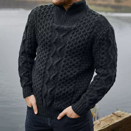 Men'S Vintage Cable Knit Aran Zip Neck Turtleneck Sweater elevenforest