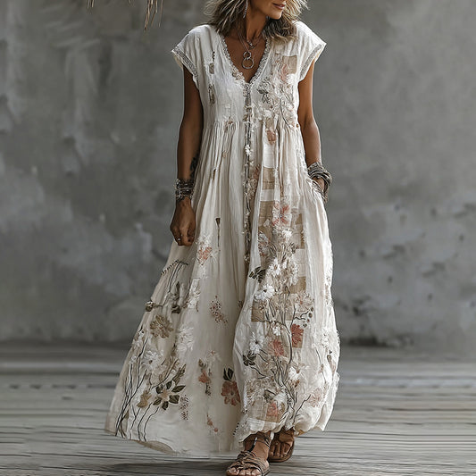 Comstylish Women's Vintage Floral Embroidery Art And Patchwork V Neck Maxi Dress