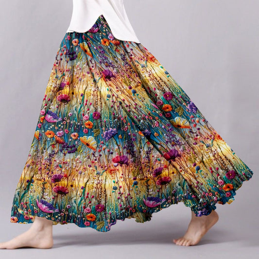 Women's Vintage Gradient Flowers Embroidered Linen Flowy Wide Skirt artswardrobe