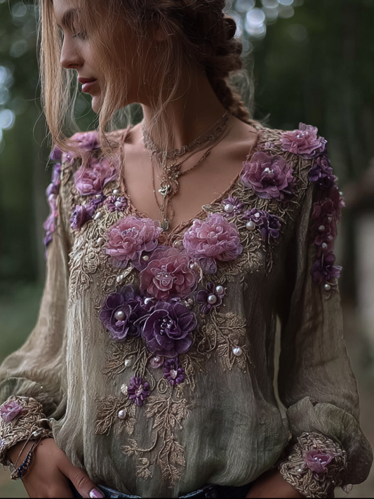 Bohemian Style Round Neck Long Sleeve 3d Purple Flower Design Cotton And Linen Top For Women artswardrobe