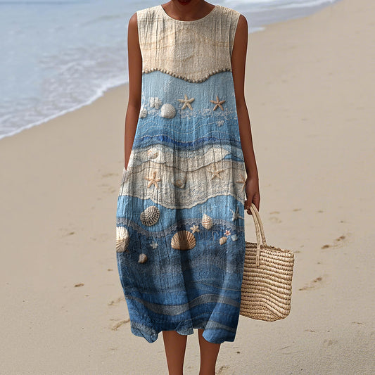 Vintage Loose  Starfish & Sea Shells Sea Waves Art Sleeveless Cotton And Linen Tank Dress artswardrobe