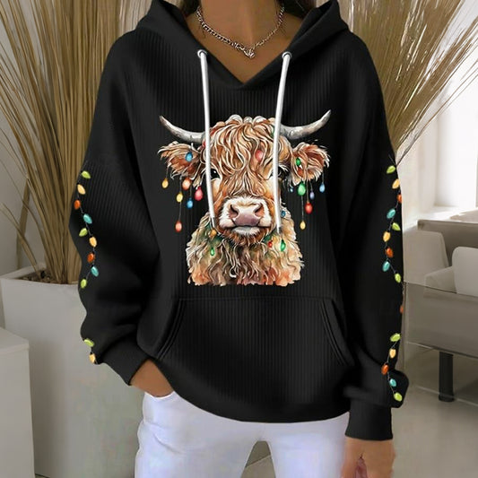 Comstylish Women's Christmas Highland Cow Print Casual Hoodie