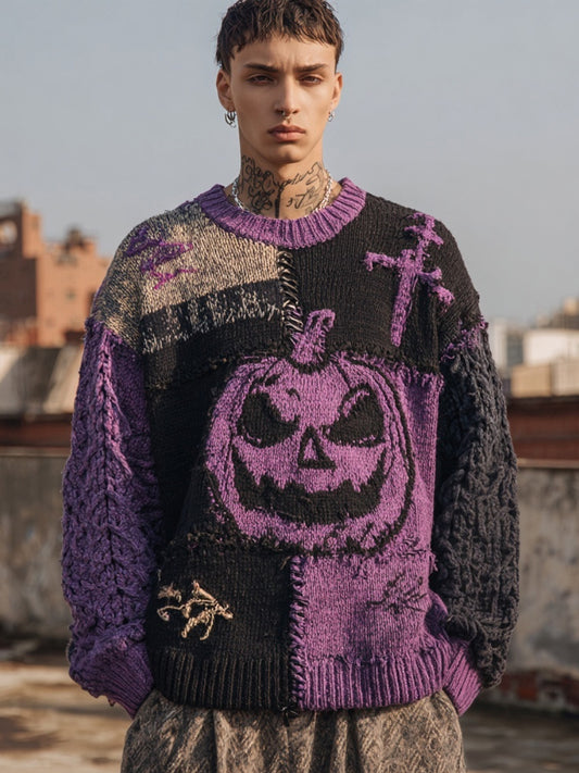 Men's Halloween Pumpkin Face Colorblock Patchwork Knitted Sweater artswardrobe
