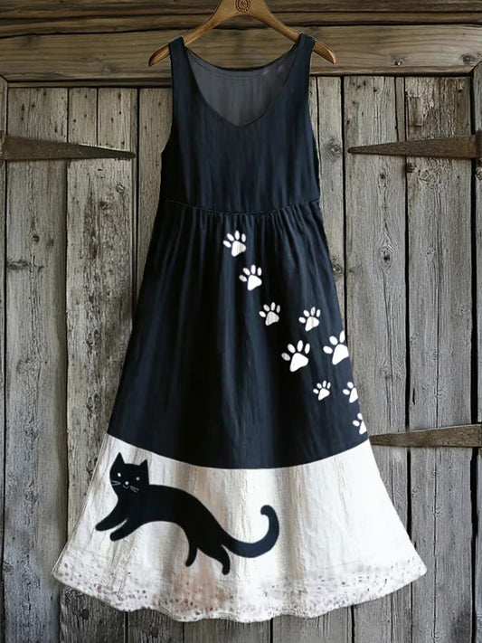 Comstylish Women's Japanese Art Embroidery Cat Paw Print Dress