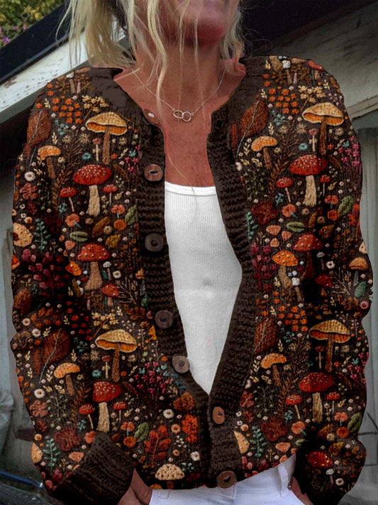 Floral And Mushroom Embroidered Cozy Knit Cardigan artswardrobe
