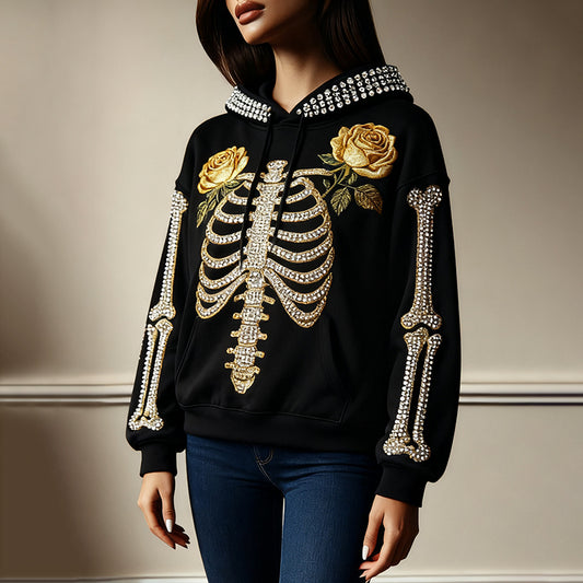 Comstylish Women's Halloween Yellow Rose Skeleton Casual Hooded