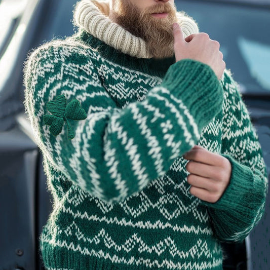 Irish Shamrock Knit Jacquard Knitting Art Vintage Men's Turtleneck Sweater artswardrobe