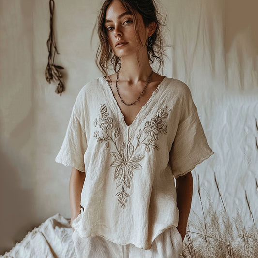 Women's Floral Embroidery Casual Linen Top artswardrobe