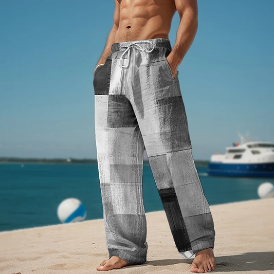 Vintage Plaid Colorblocked Printed Art Linen Blend Casual Pants artswardrobe