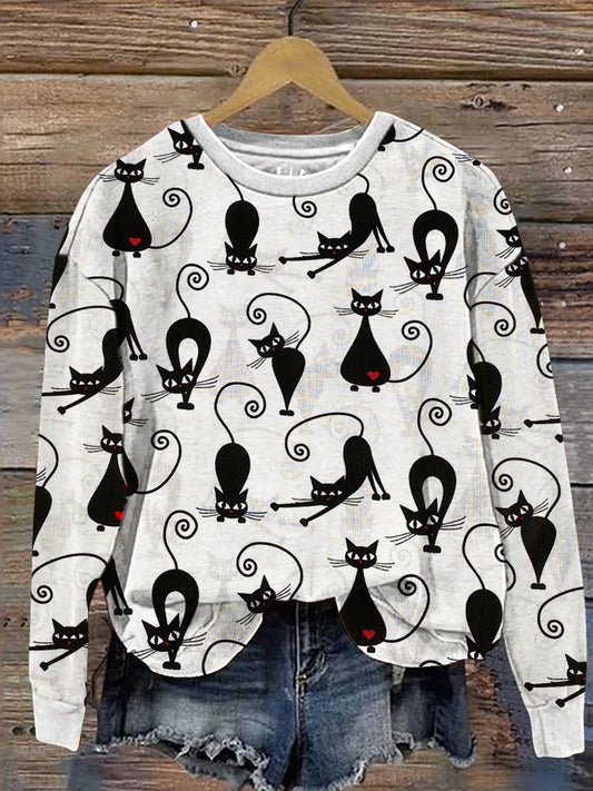 Comstylish Vintage Love Black Cats Print Long Sleeve Sweatshirt