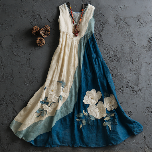 Comstylish Women's Vintage Floral Embroidery Contrast Color Linen Sleeveless Dress